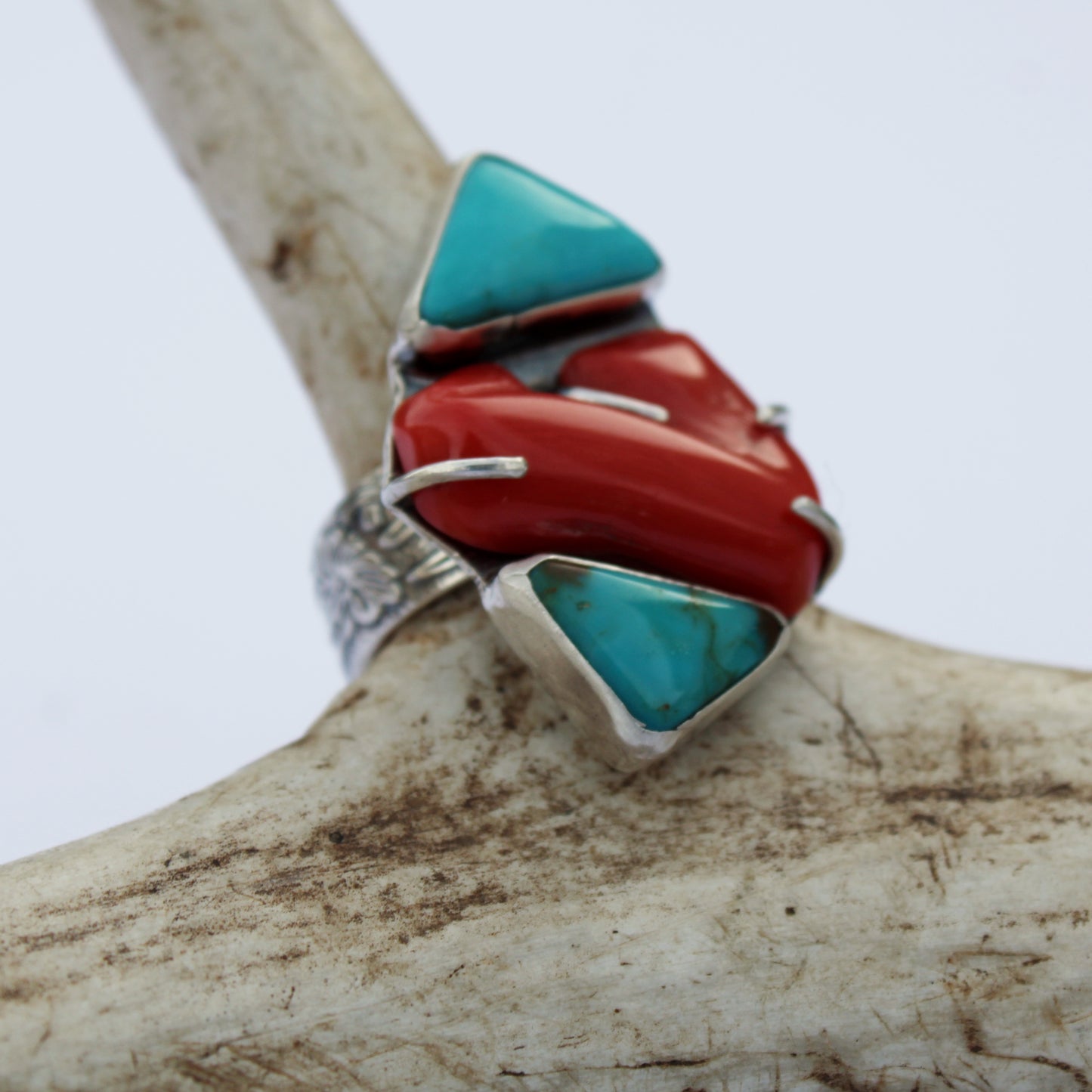 Sacred Convergence Ring: Mexican Turquoise & Italian Red Coral - size 9