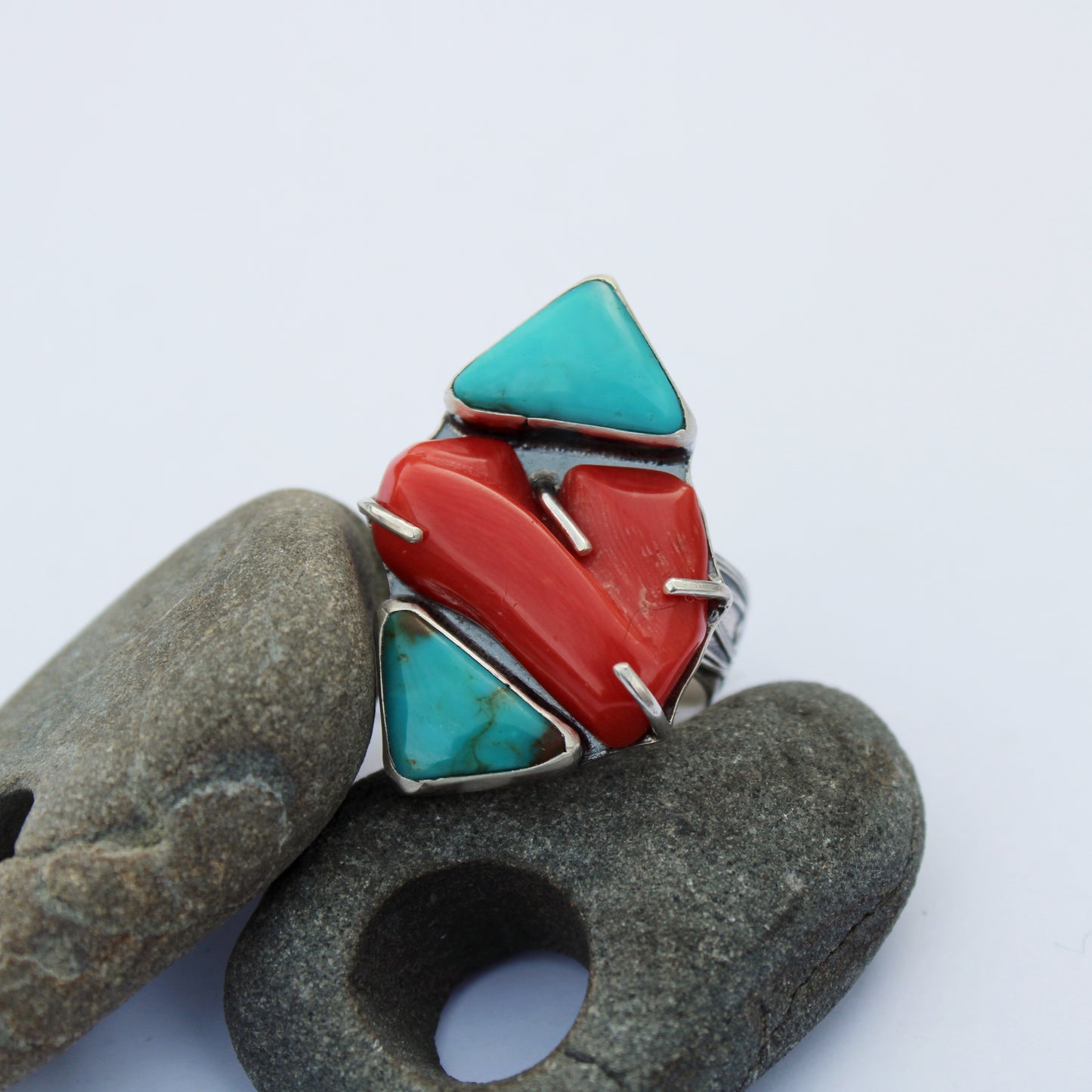 Sacred Convergence Ring: Mexican Turquoise & Italian Red Coral - size 9