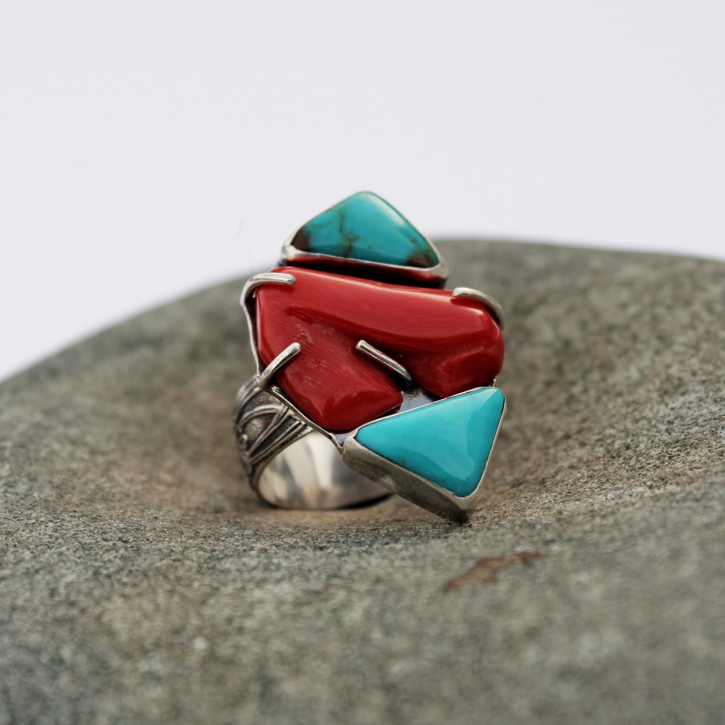 Sacred Convergence Ring: Mexican Turquoise & Italian Red Coral - size 9