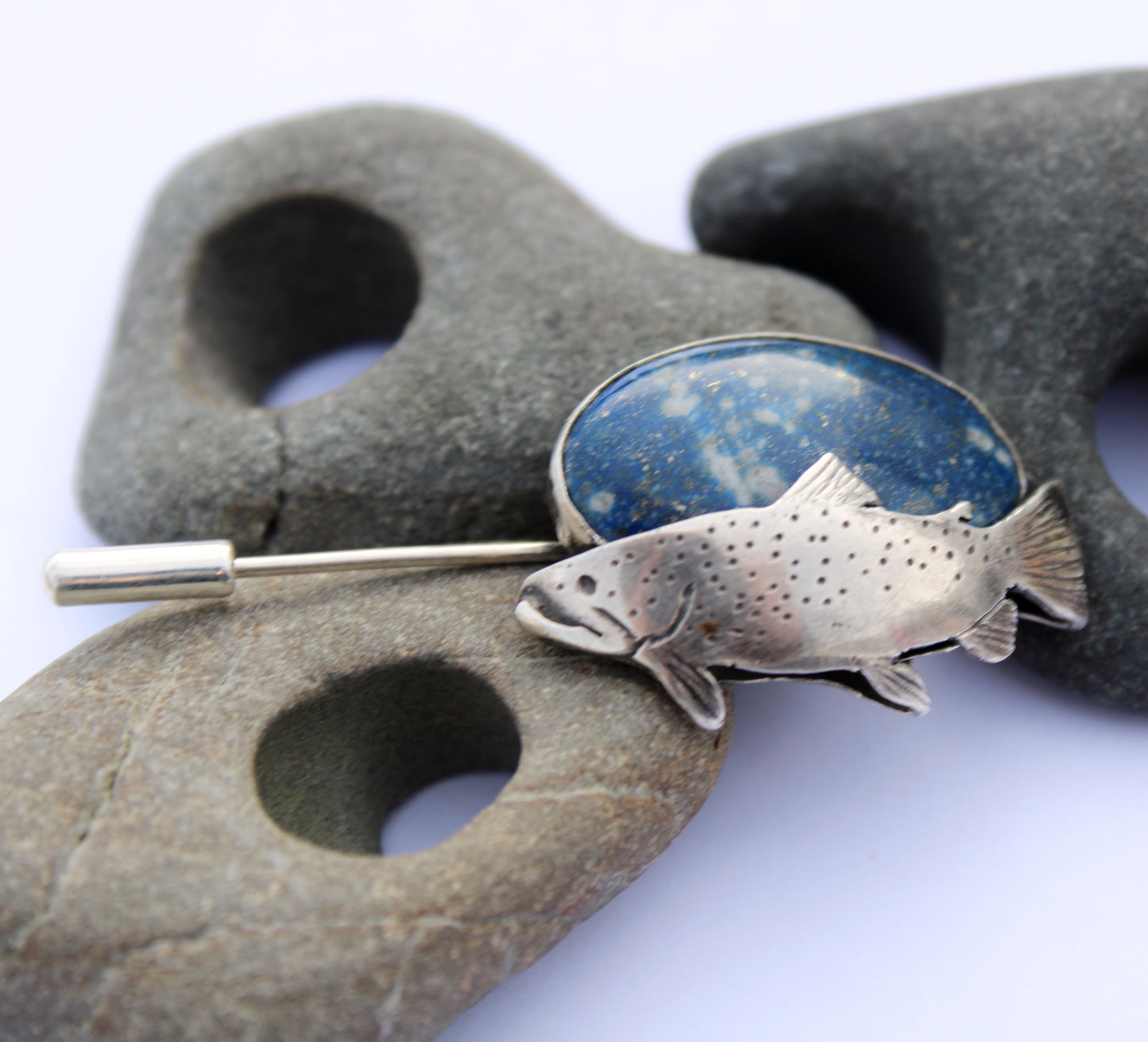 Riverbend Pin: Sterling Silver Trout & Lapis Lazuli