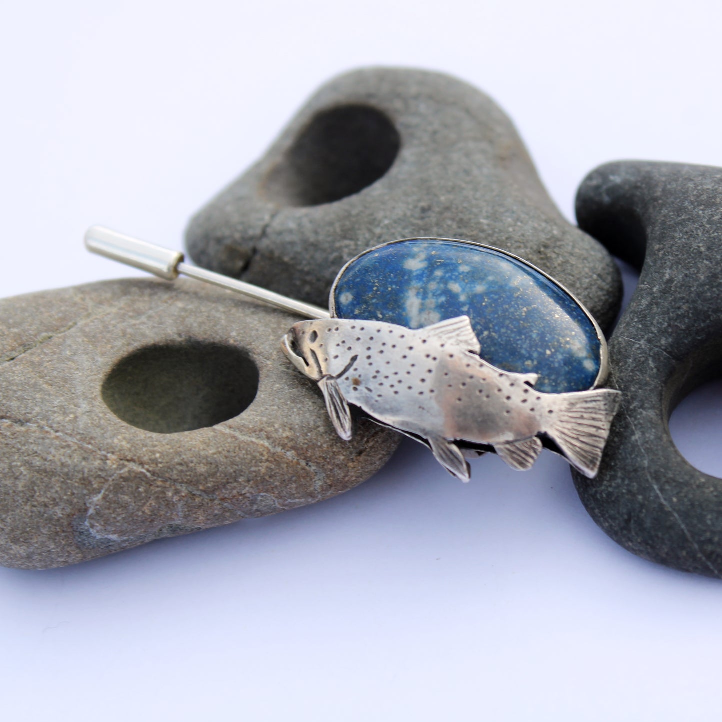 Riverbend Pin: Sterling Silver Trout & Lapis Lazuli