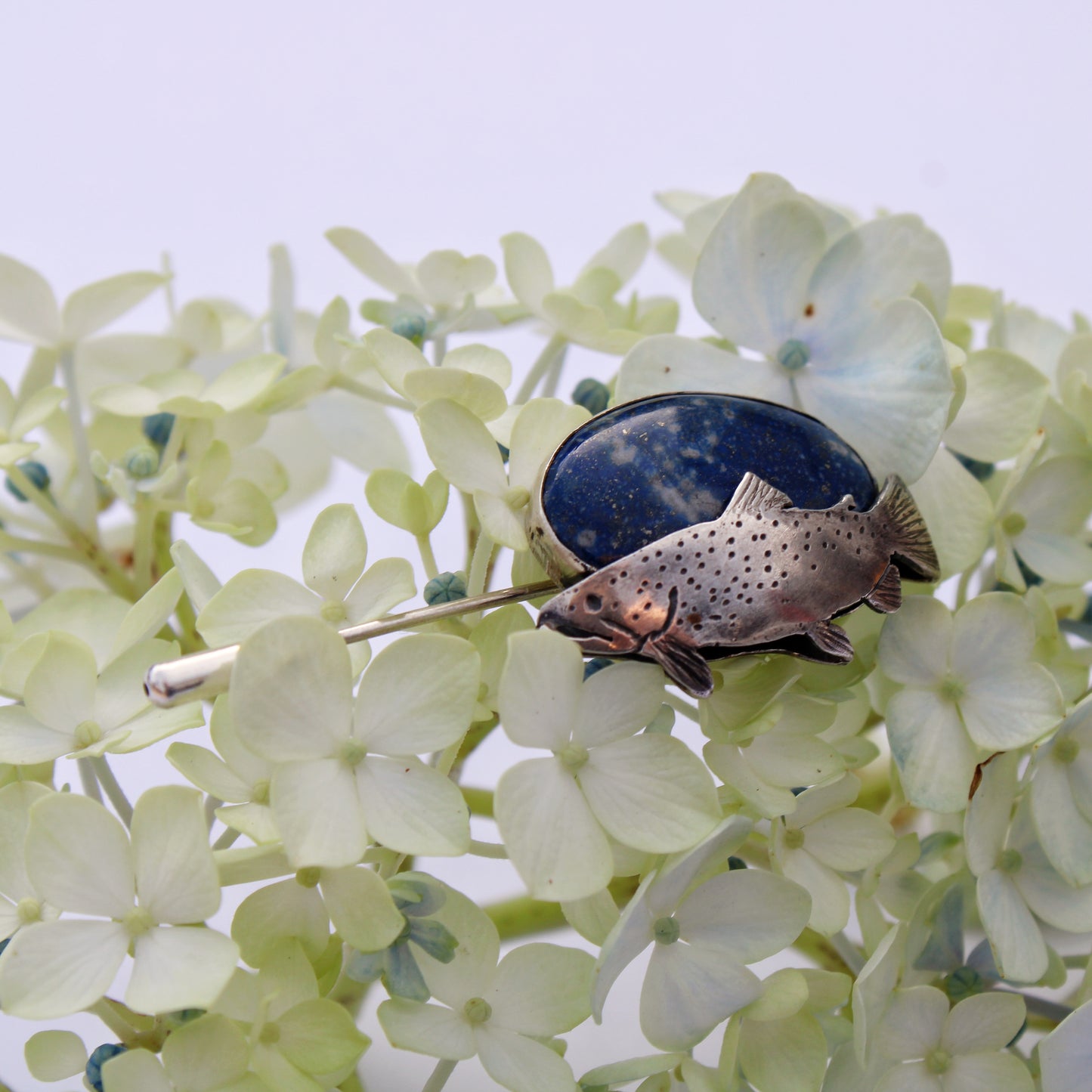 Riverbend Pin: Sterling Silver Trout & Lapis Lazuli