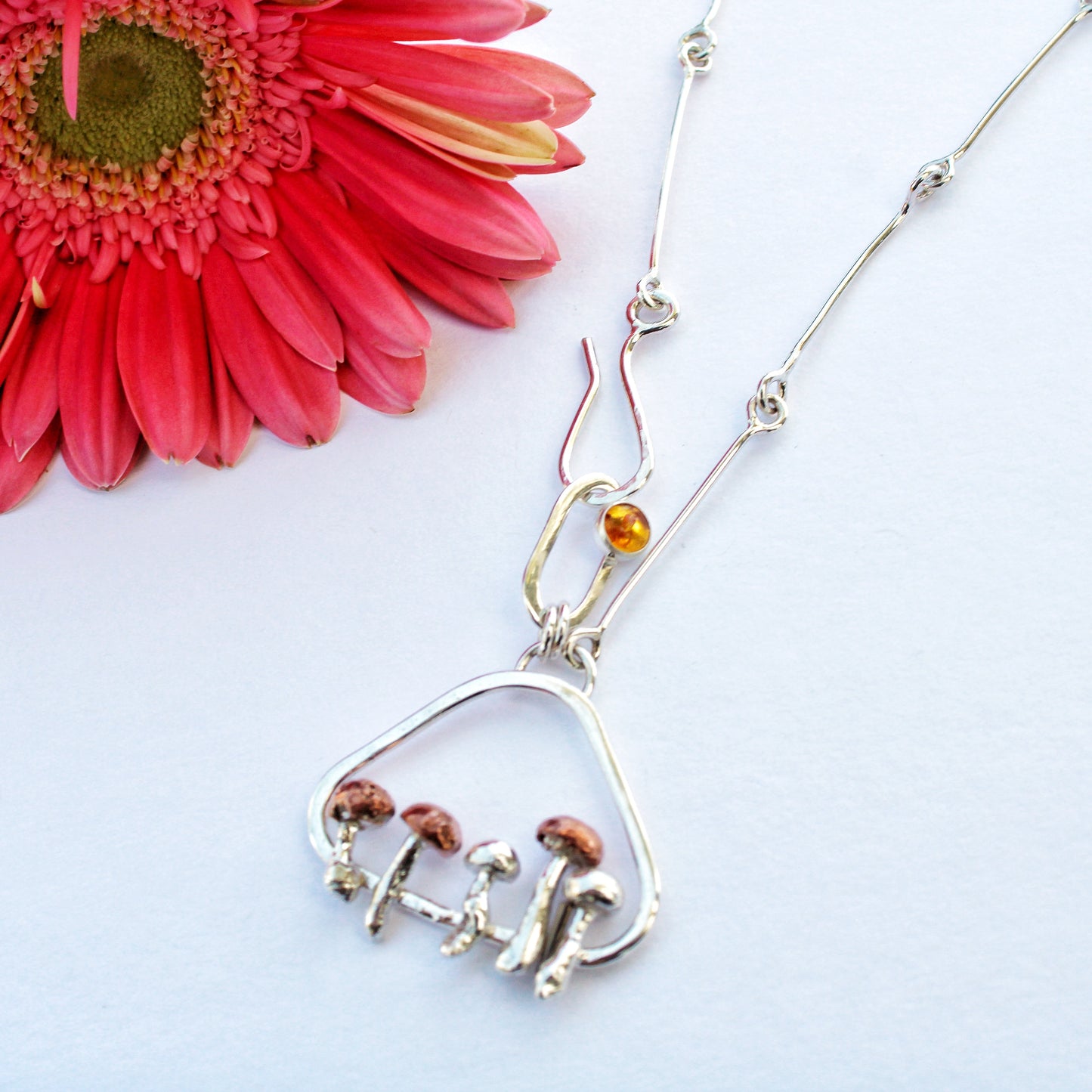 Forest Ember Necklace: Mushroom Pendant with Baltic Amber on Handmade Chain