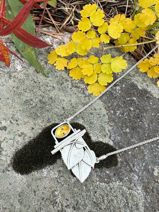 Golden Grove Necklace: Sterling Silver & Baltic Amber Aspen Leaf Pendant