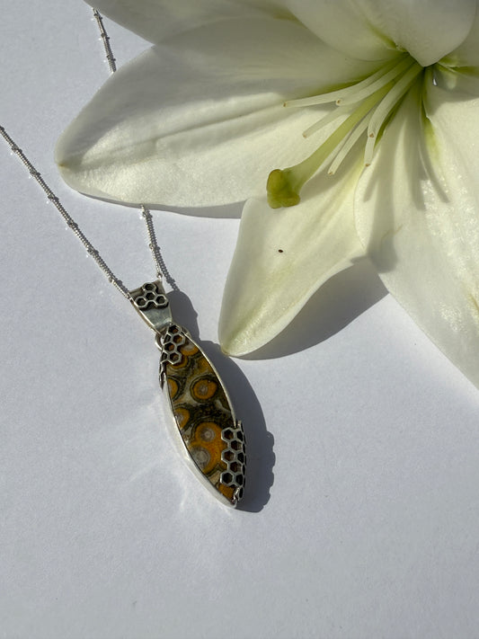Honeyed Haven Necklace: Sterling Silver & Bumblebee Jasper Honeycomb Pendant