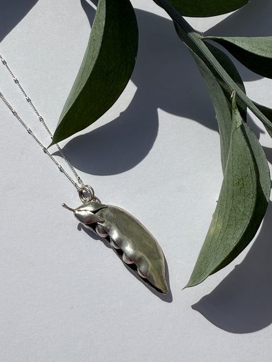 Seeds of Wonder Necklace: Sterling Silver Peapod Pendant