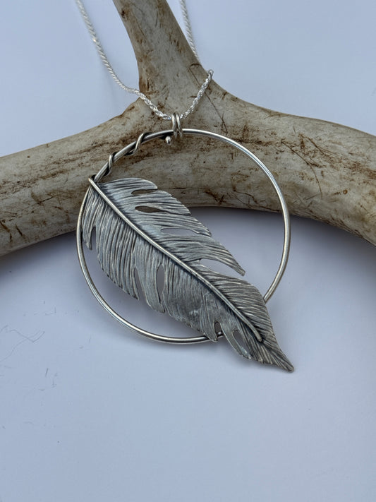 Soaring Spirit Pendant: Sterling Silver Feather Hoop