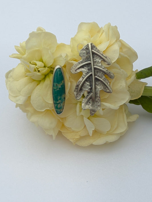 Earth + Sky Post Earrings: Sterling Silver White Oak Leaf & Turquoise