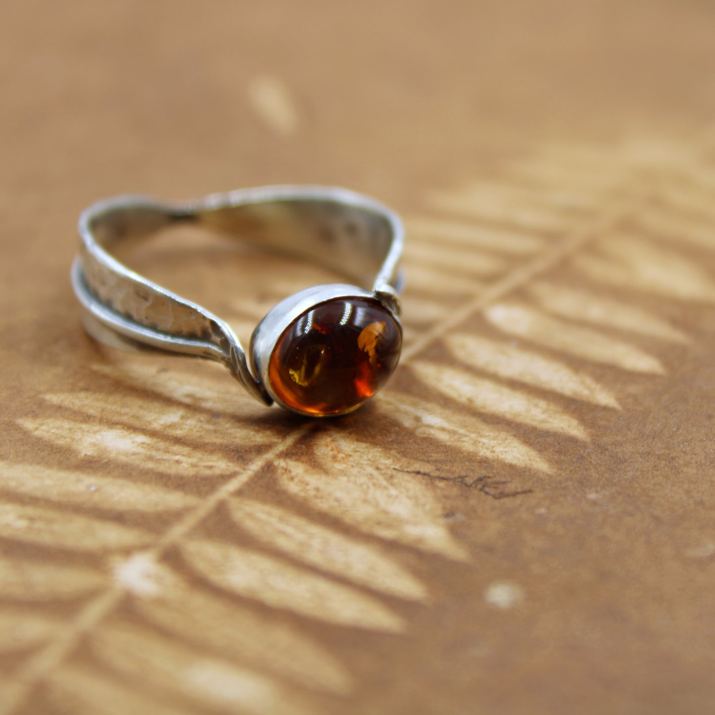 Golden Leaf Ring: Sterling Silver Leaves & Baltic Amber- size 12