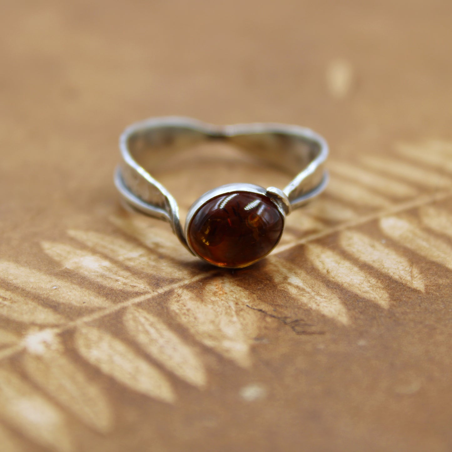 Golden Leaf Ring: Sterling Silver Leaves & Baltic Amber- size 12