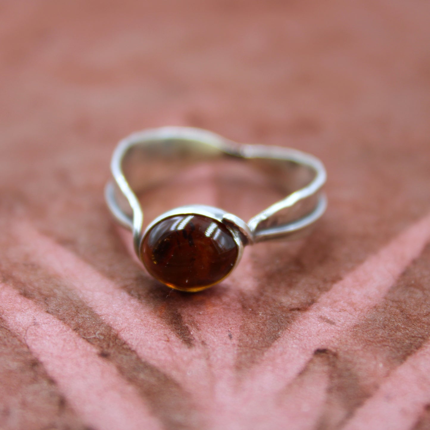 Golden Leaf Ring: Sterling Silver Leaves & Baltic Amber- size 12