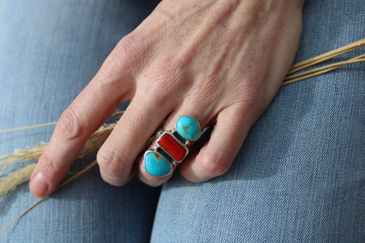 River + Flame Ring: Teghut Mine Turquoise & Italian Red Coral - size 6.5