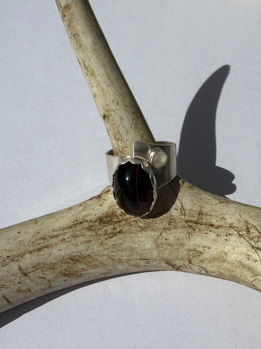 Solstice Balance Ring: Sterling Silver and Tiger Eye & Moonstone- size 11.5