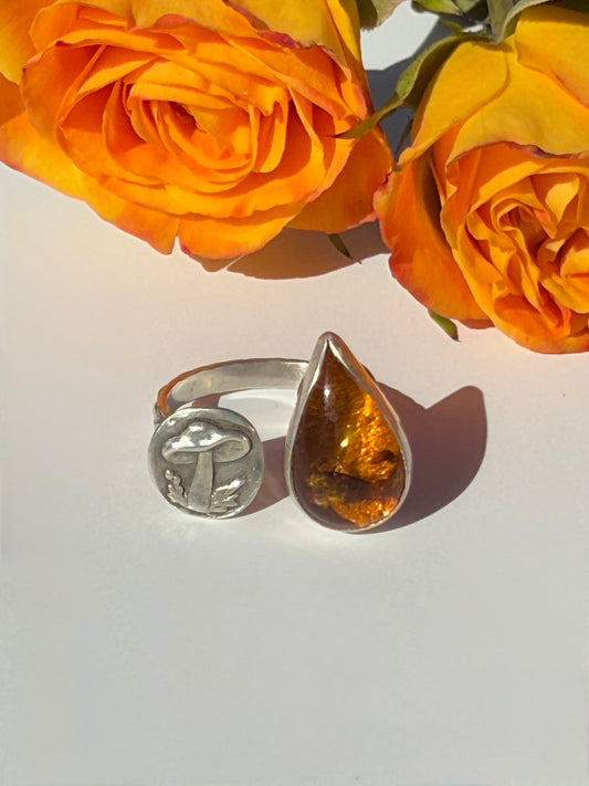 Hidden Golden Mushroom Ring: Sterling Silver & Baltic Amber- size 8.5