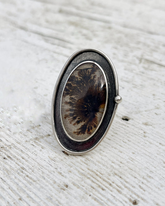 Stillwood Ring: Sterling Silver & Dendritic Agate Shadowbox - size 7