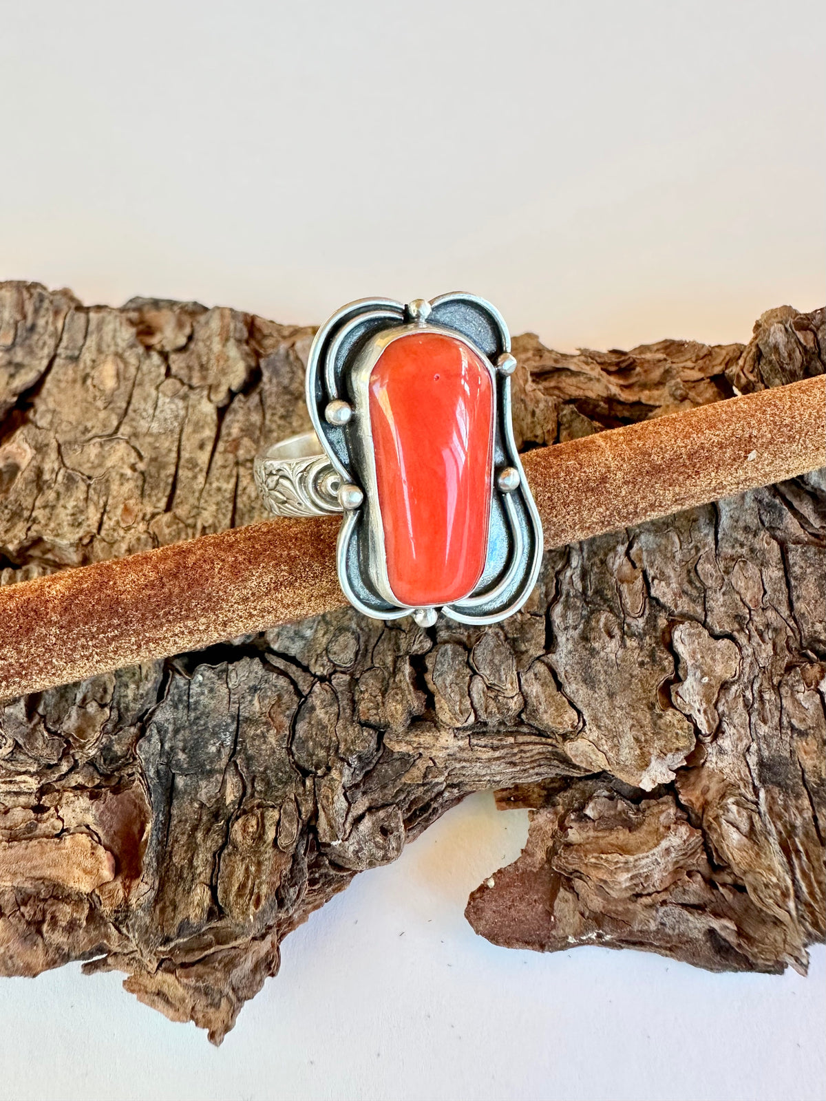 Ember Crown Ring: Red Coral & Sterling Silver - size 9