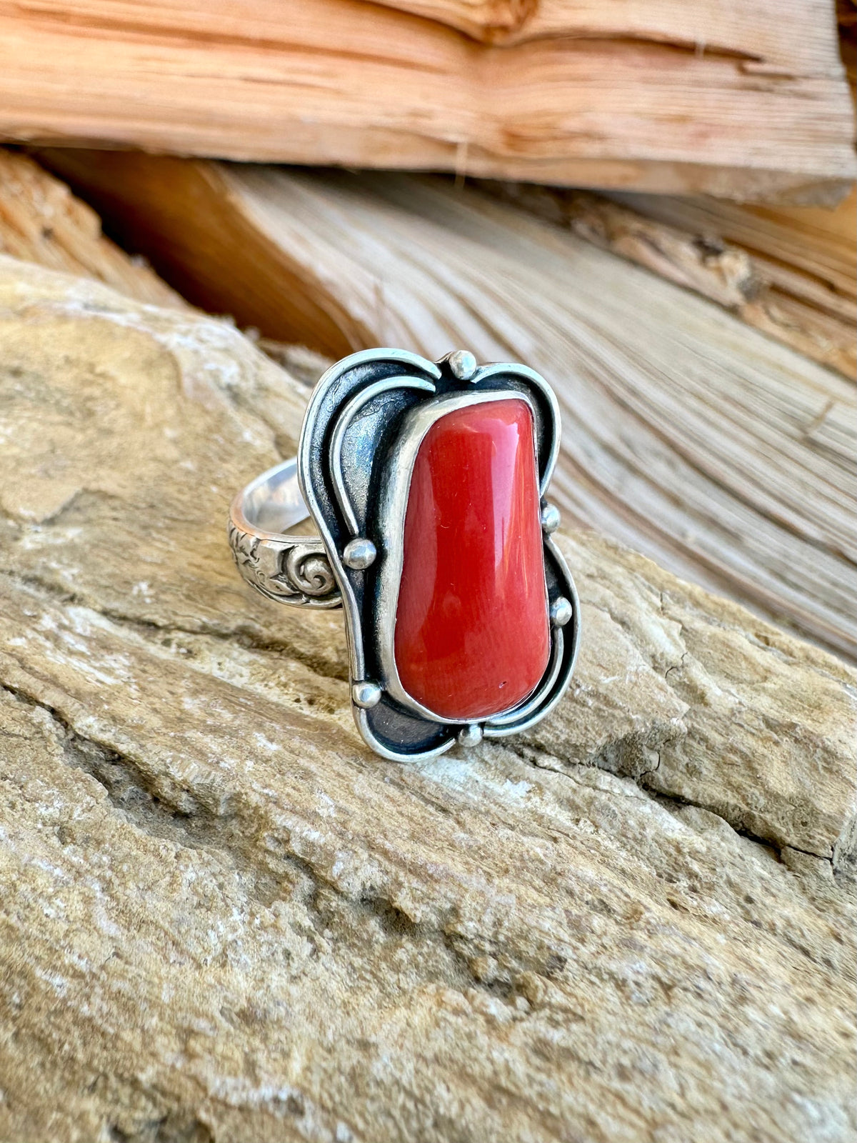 Ember Crown Ring: Red Coral & Sterling Silver - size 9