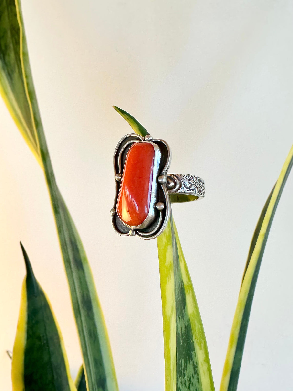 Ember Crown Ring: Red Coral & Sterling Silver - size 9