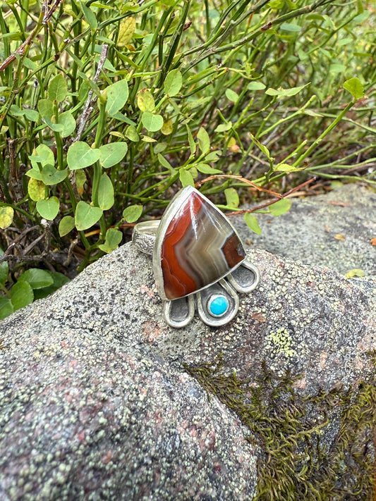 Desert Canyon Ring: Sterling Silver & Banded Agate & Kingman Turquoise - size 7.25