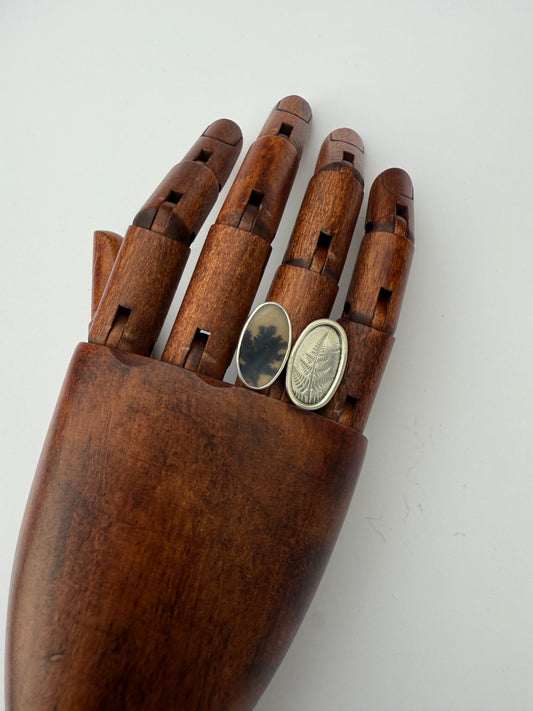 Day and Night Forest Veil Ring: Sterling Silver & Dendritic Agate & Fern Union - size 6
