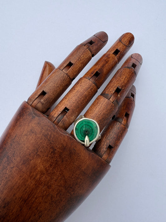 Emerald Earthsong Ring: Sterling Silver & Chatoyant Malachite Stalactite - size 7.25