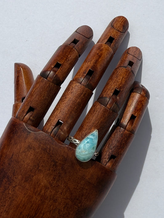 Teardrop Morning Tide Ring: Sterling Silver & Larimar Teardrop - size 8.5
