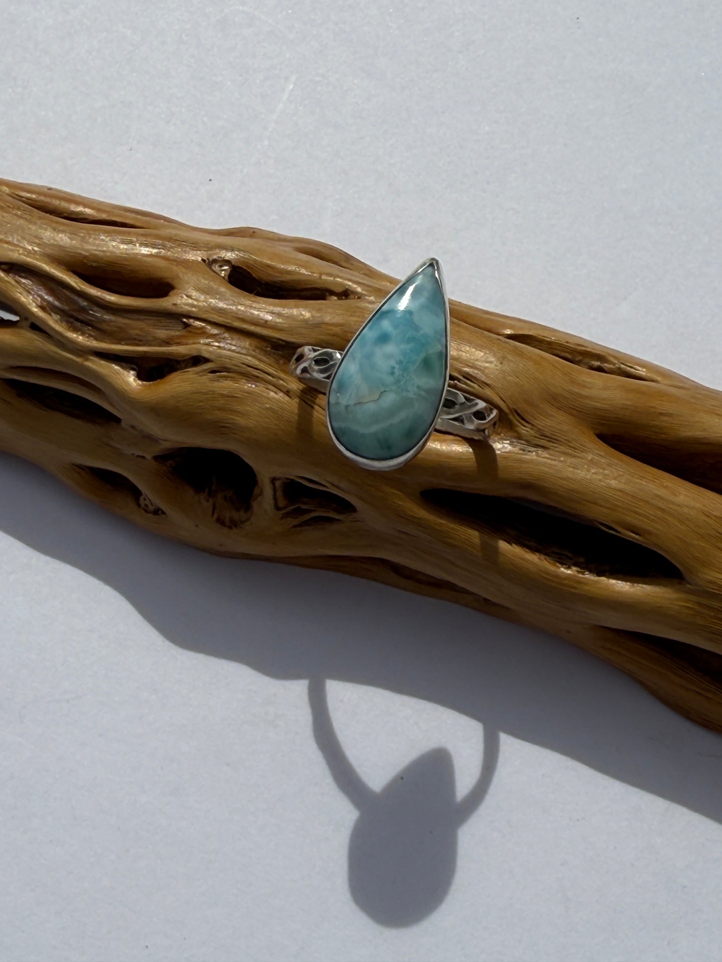 Teardrop Morning Tide Ring: Sterling Silver & Larimar Teardrop - size 8.5
