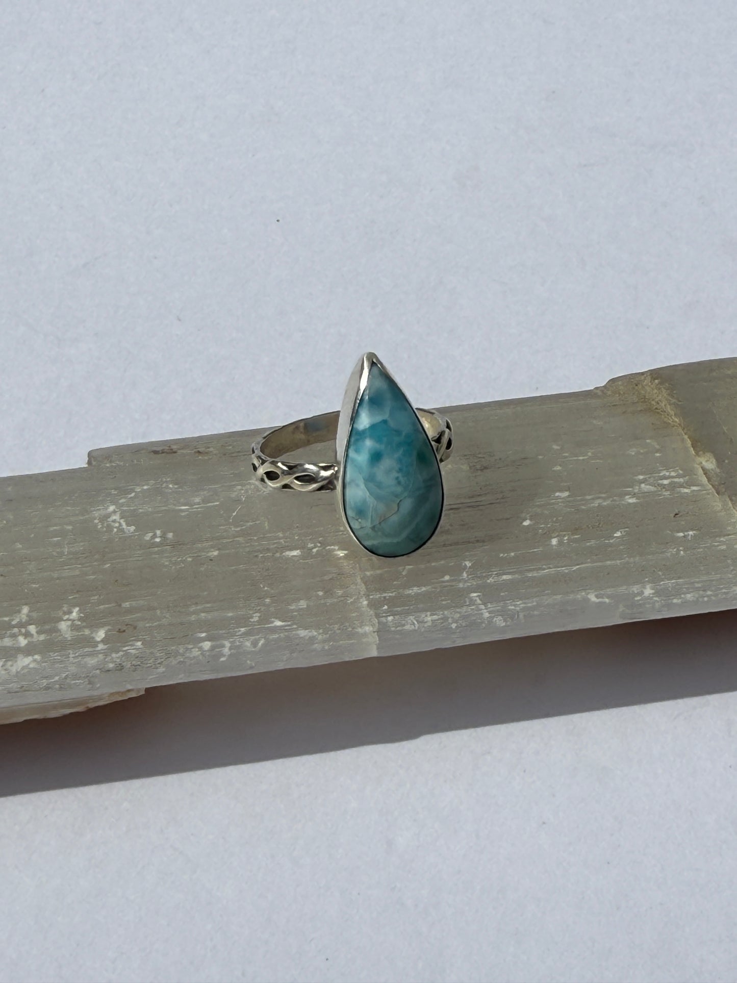 Teardrop Morning Tide Ring: Sterling Silver & Larimar Teardrop - size 8.5