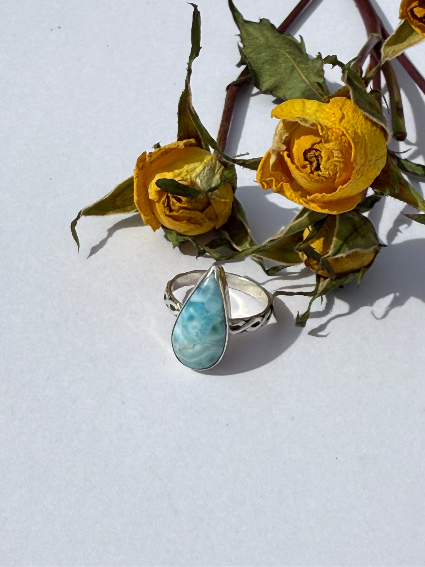 Teardrop Morning Tide Ring: Sterling Silver & Larimar Teardrop - size 8.5