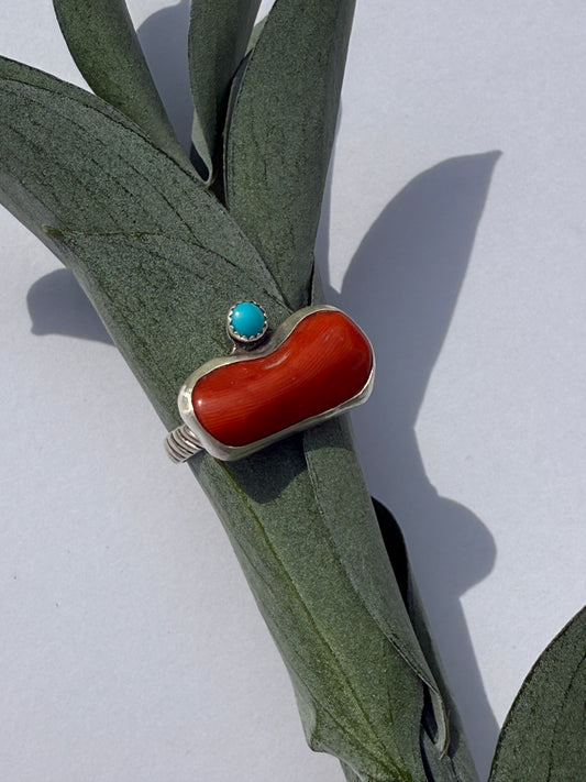 Sol & Sky Ring: Sterling Silver & Vintage Italian Red Coral & Blue Ridge Turquoise Ring - size 11.5