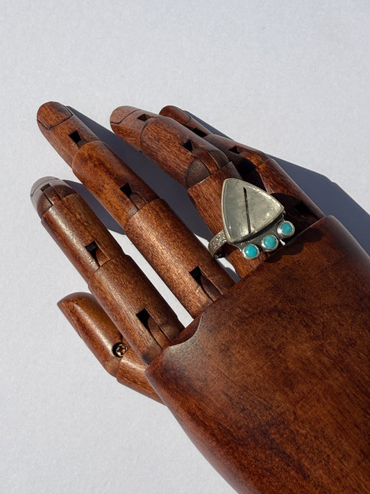 Earthline Ring: Sterling Silver & Tourmalinated Quartz & Kingman Turquoise - size 12
