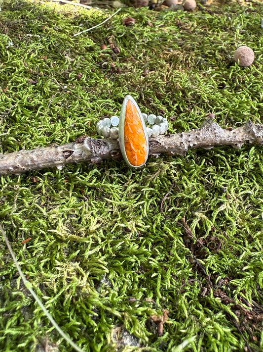 Sunfire Bloom Ring: Sterling Silver & Orange Spiny Oyster - size 7