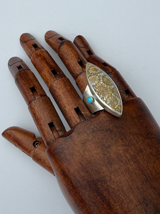 Ancient Shoreline Ring: Sterling Silver & Fossil Coral & Kingman Turquoise - size 9.25