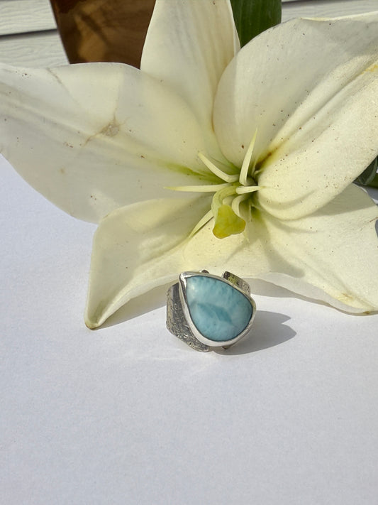 Ocean Whisper Ring - Larimar Teardrop - size 5.5
