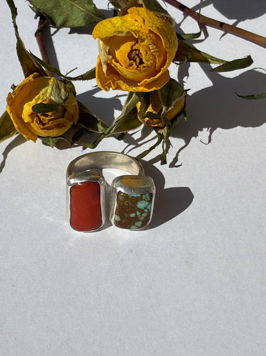Summer Kiss Ring: Sterling Silver & Turquoise & Vintage Italian Red Coral  - size 7.25