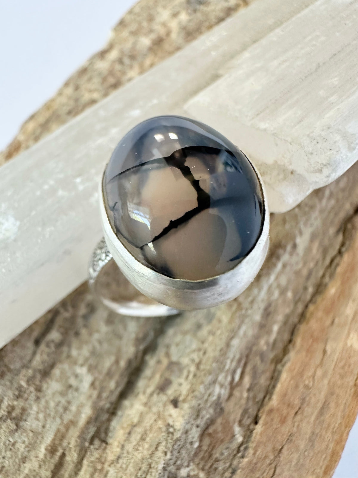 Stormline Ring: Dragonvein Agate & Sterling Silver - size 10