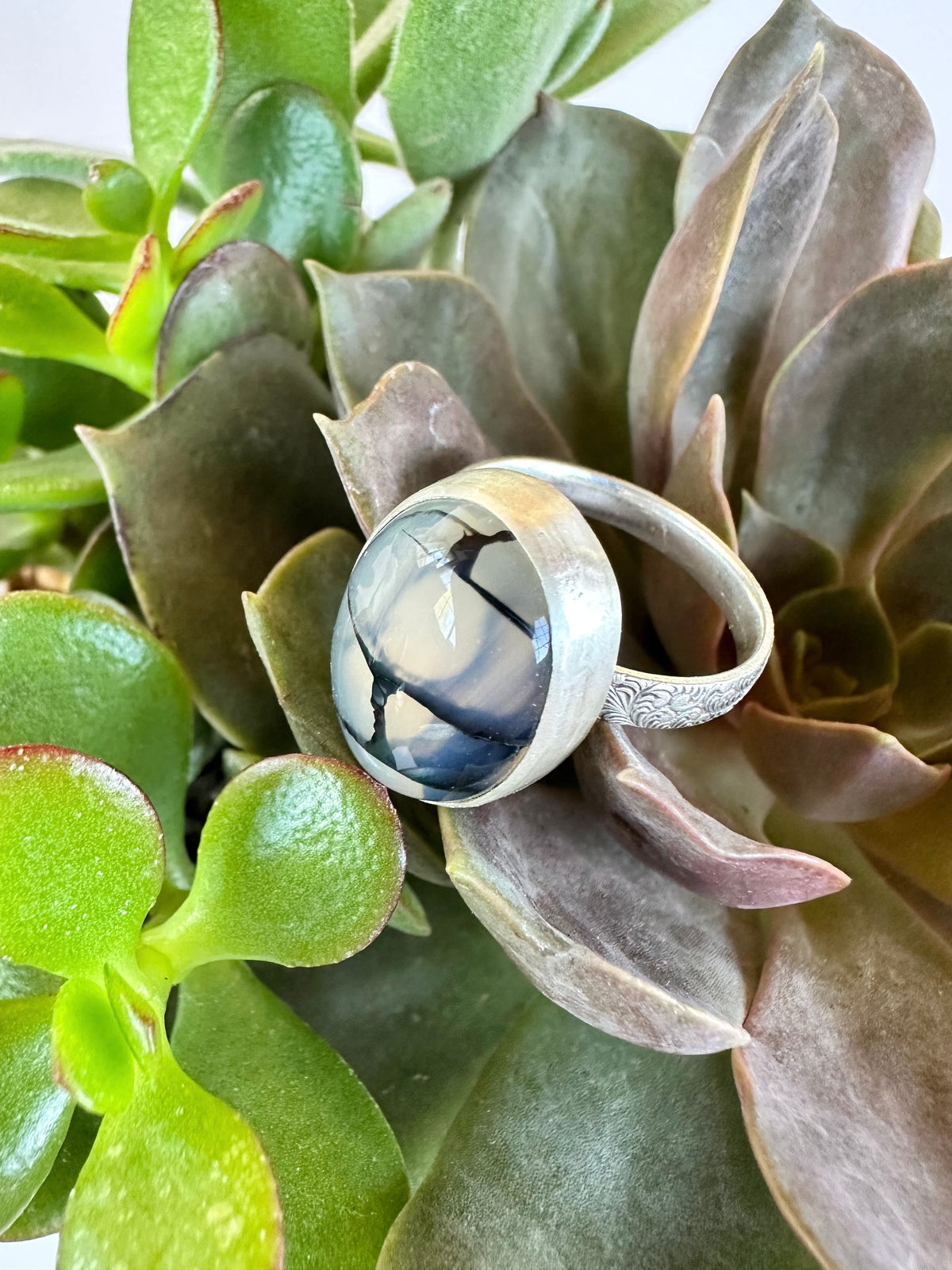 Stormline Ring: Dragonvein Agate & Sterling Silver - size 10