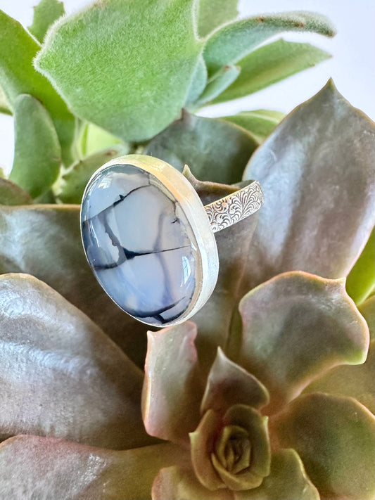 Stormline Ring: Dragonvein Agate & Sterling Silver - size 10