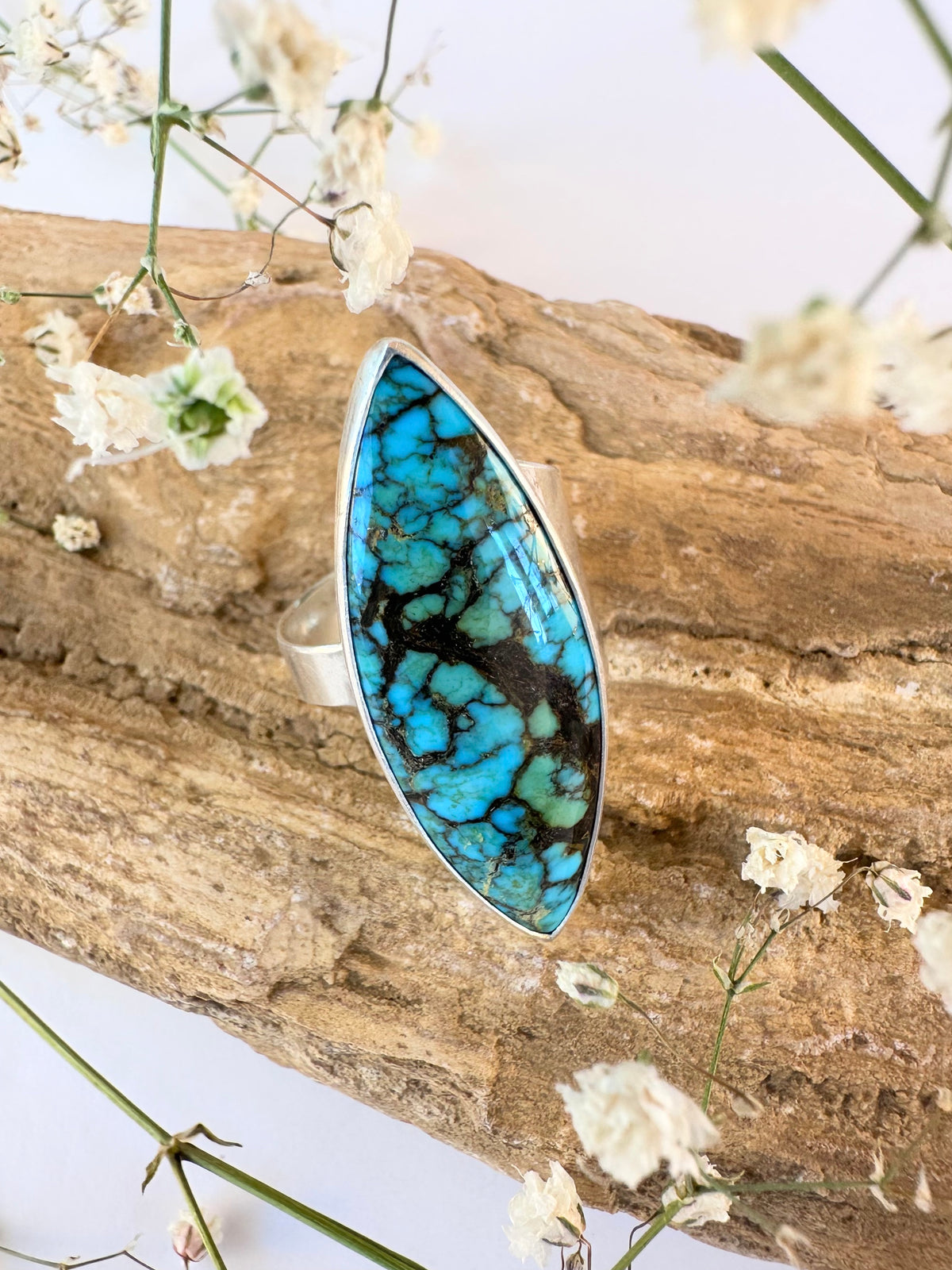 Daybreak Ridge Ring: Golden Halo Moon Turquoise & Sterling Silver - size 10