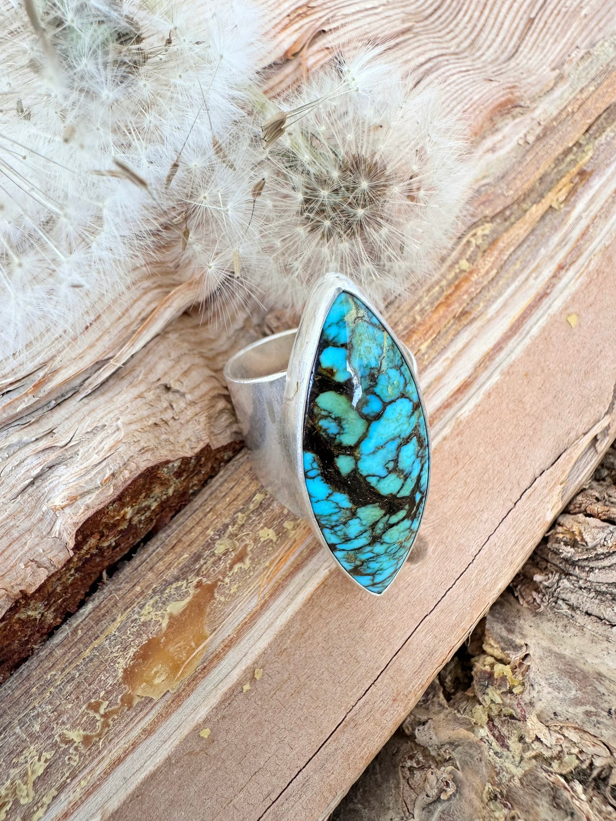 Daybreak Ridge Ring: Golden Halo Moon Turquoise & Sterling Silver - size 10