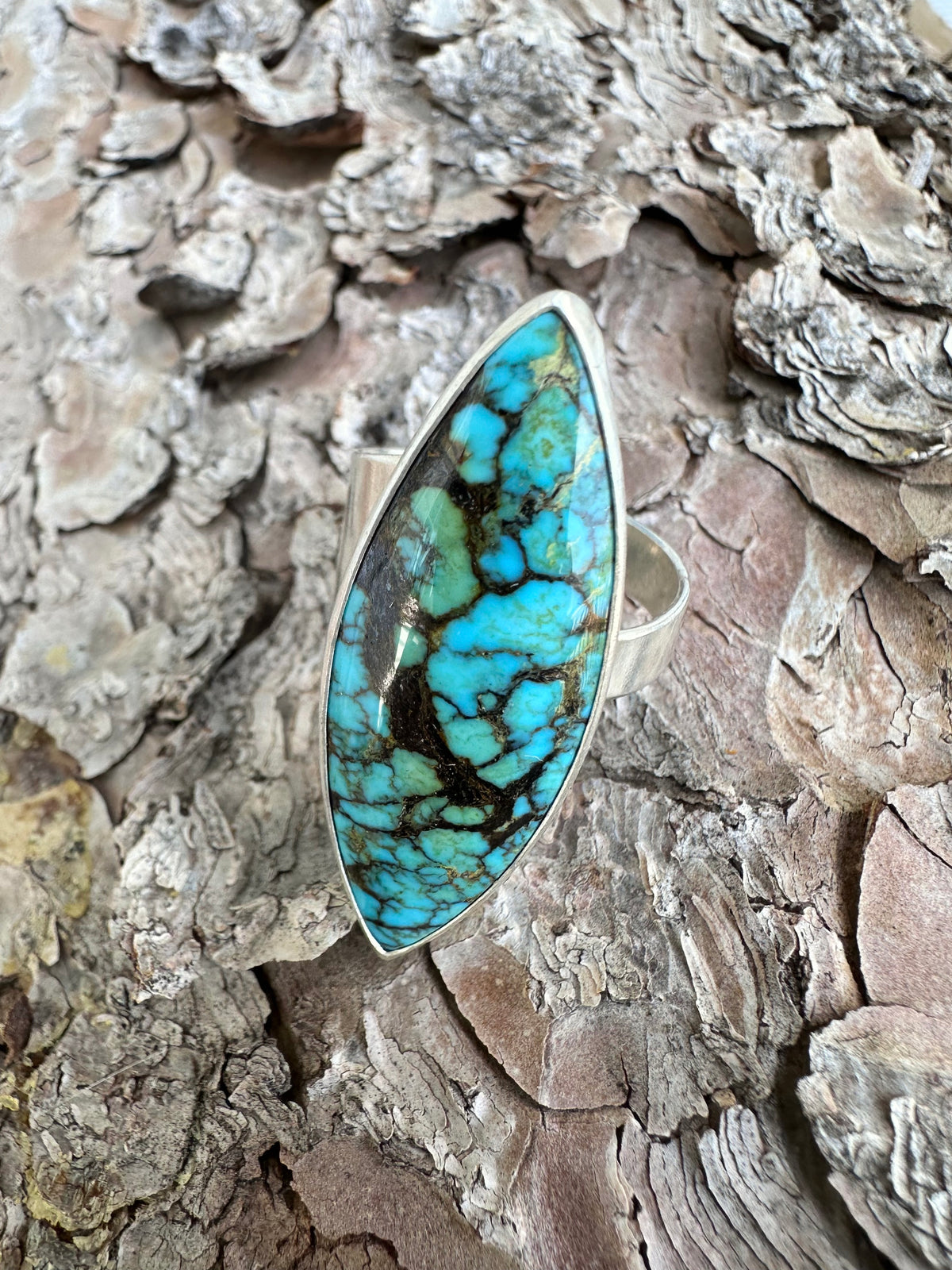 Daybreak Ridge Ring: Golden Halo Moon Turquoise & Sterling Silver - size 10