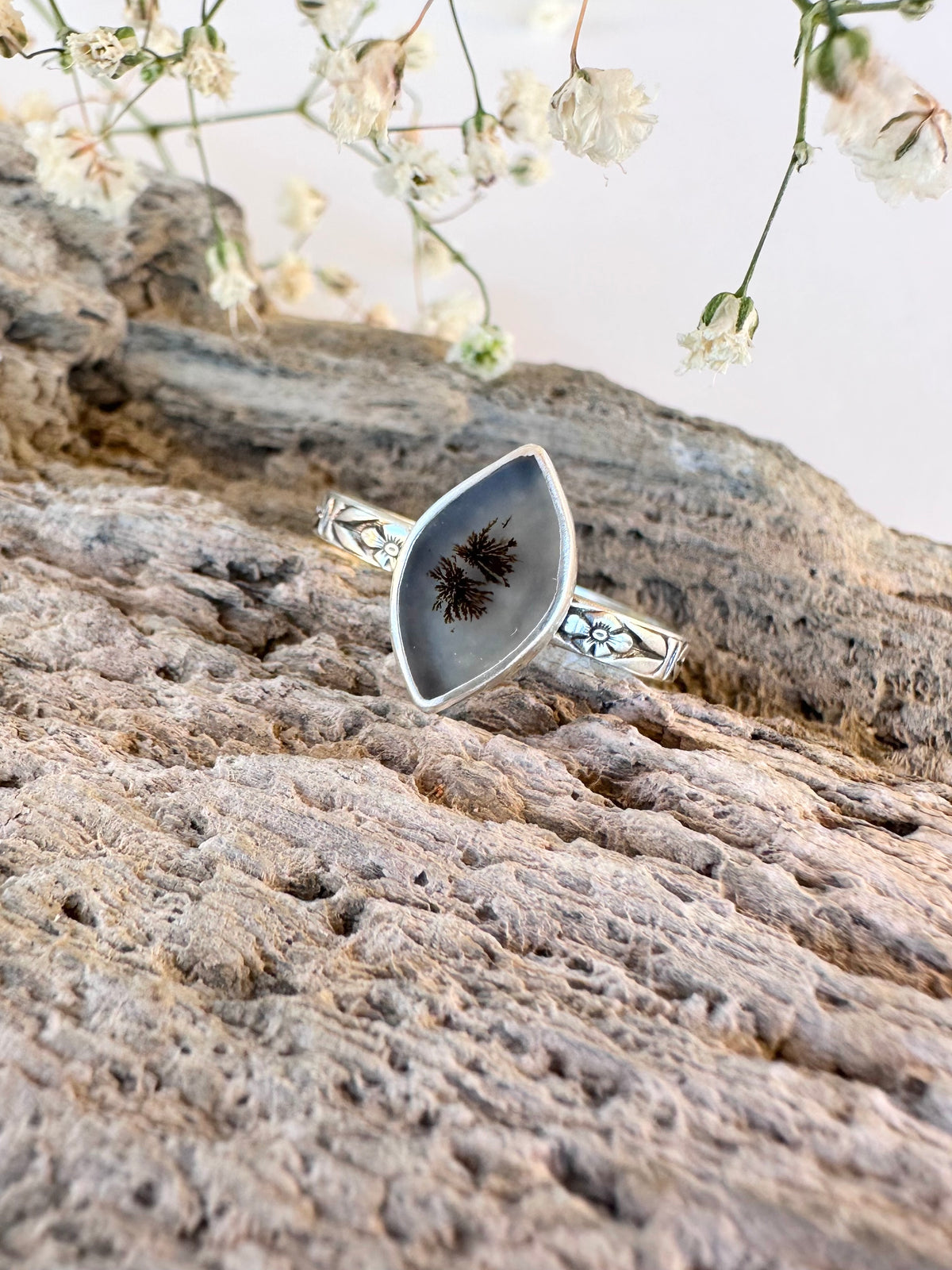 Whispering Grove Ring: Dendritic Agate & Sterling Silver - size 11.25