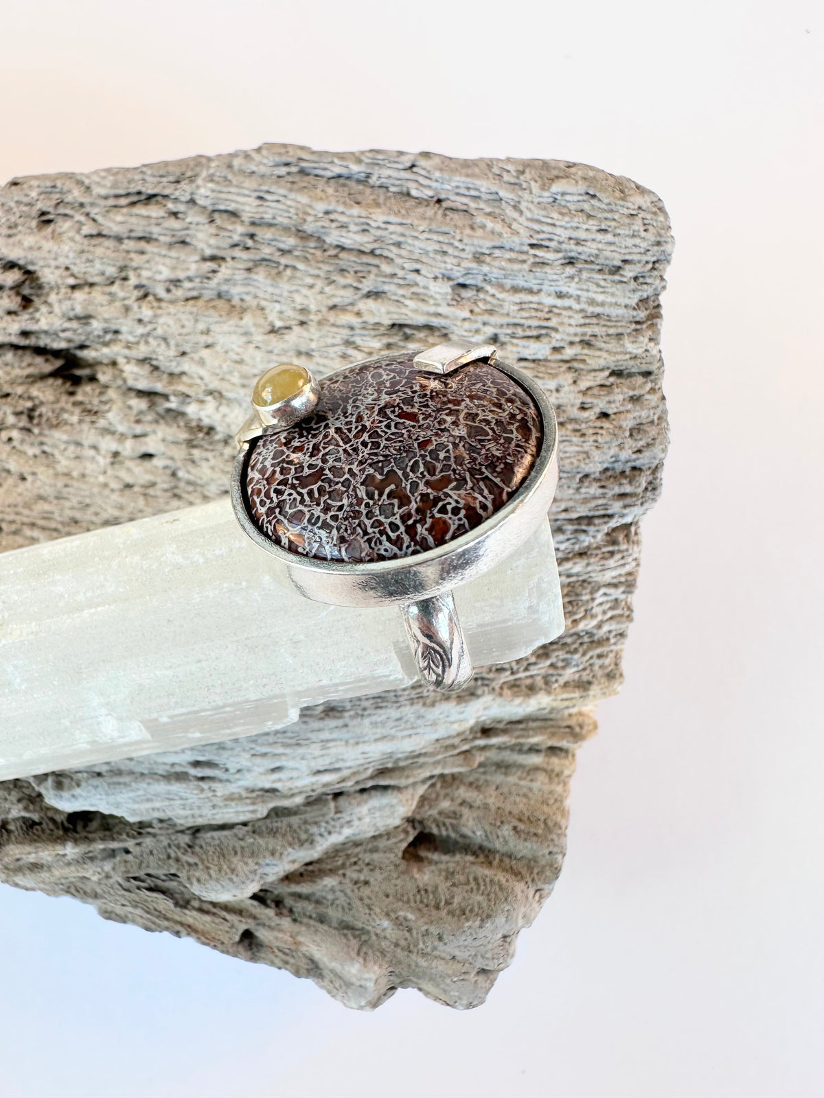 Echoes in Stone Ring: Dinosaur Gembone & Yellow Sapphire & Sterling Silver - size 9.25