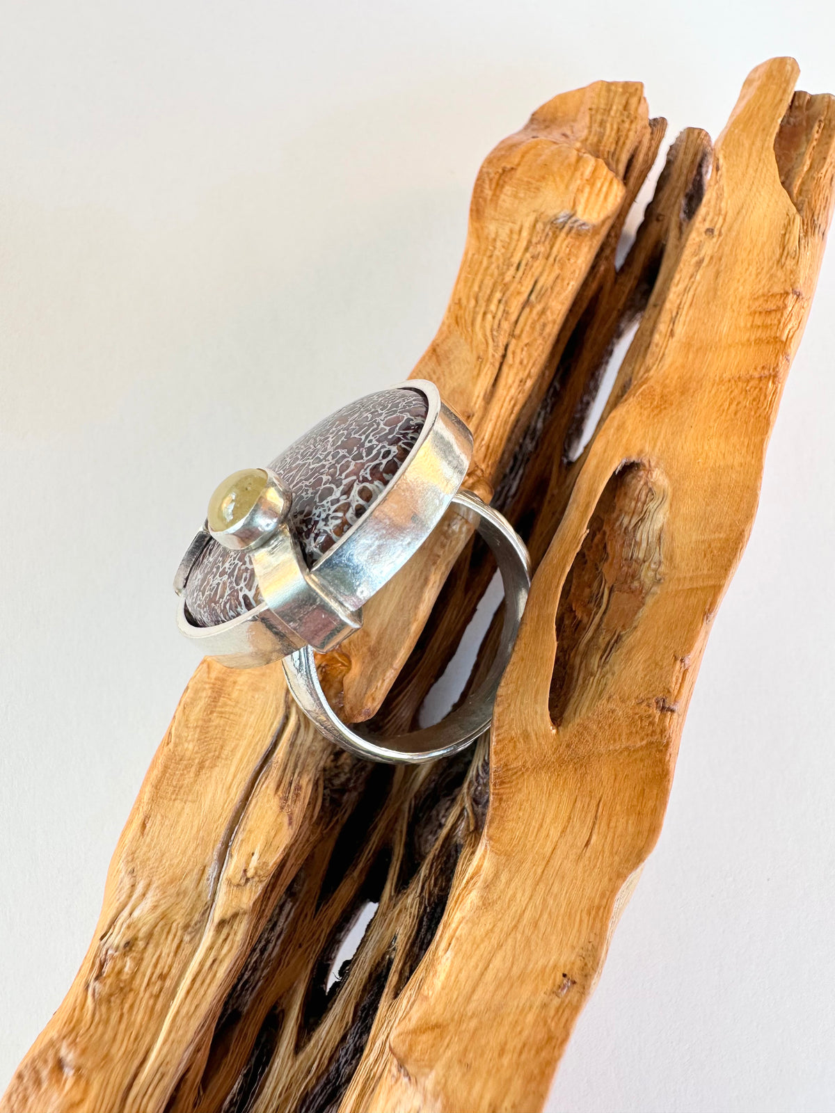 Echoes in Stone Ring: Dinosaur Gembone & Yellow Sapphire & Sterling Silver - size 9.25