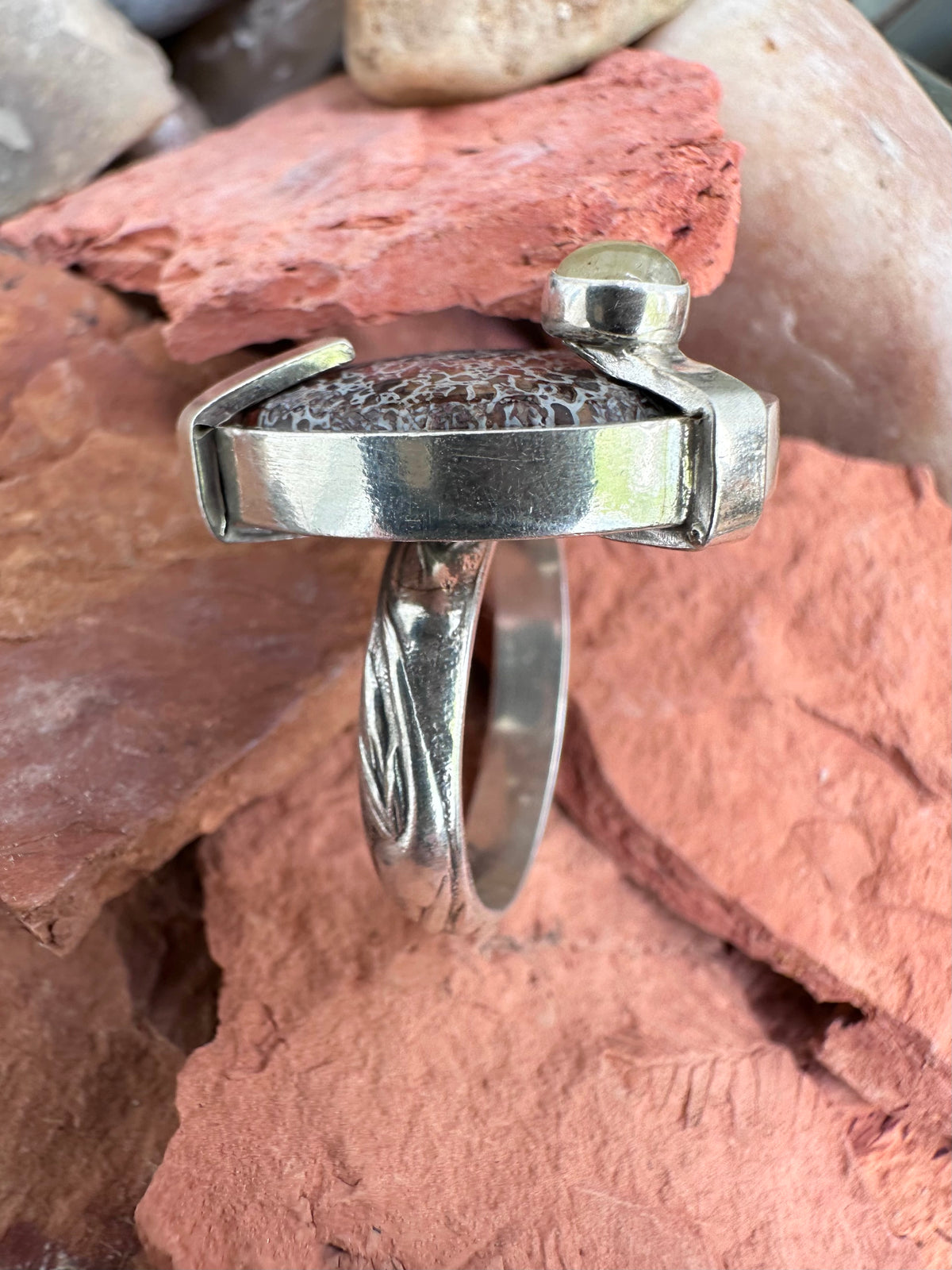Echoes in Stone Ring: Dinosaur Gembone & Yellow Sapphire & Sterling Silver - size 9.25