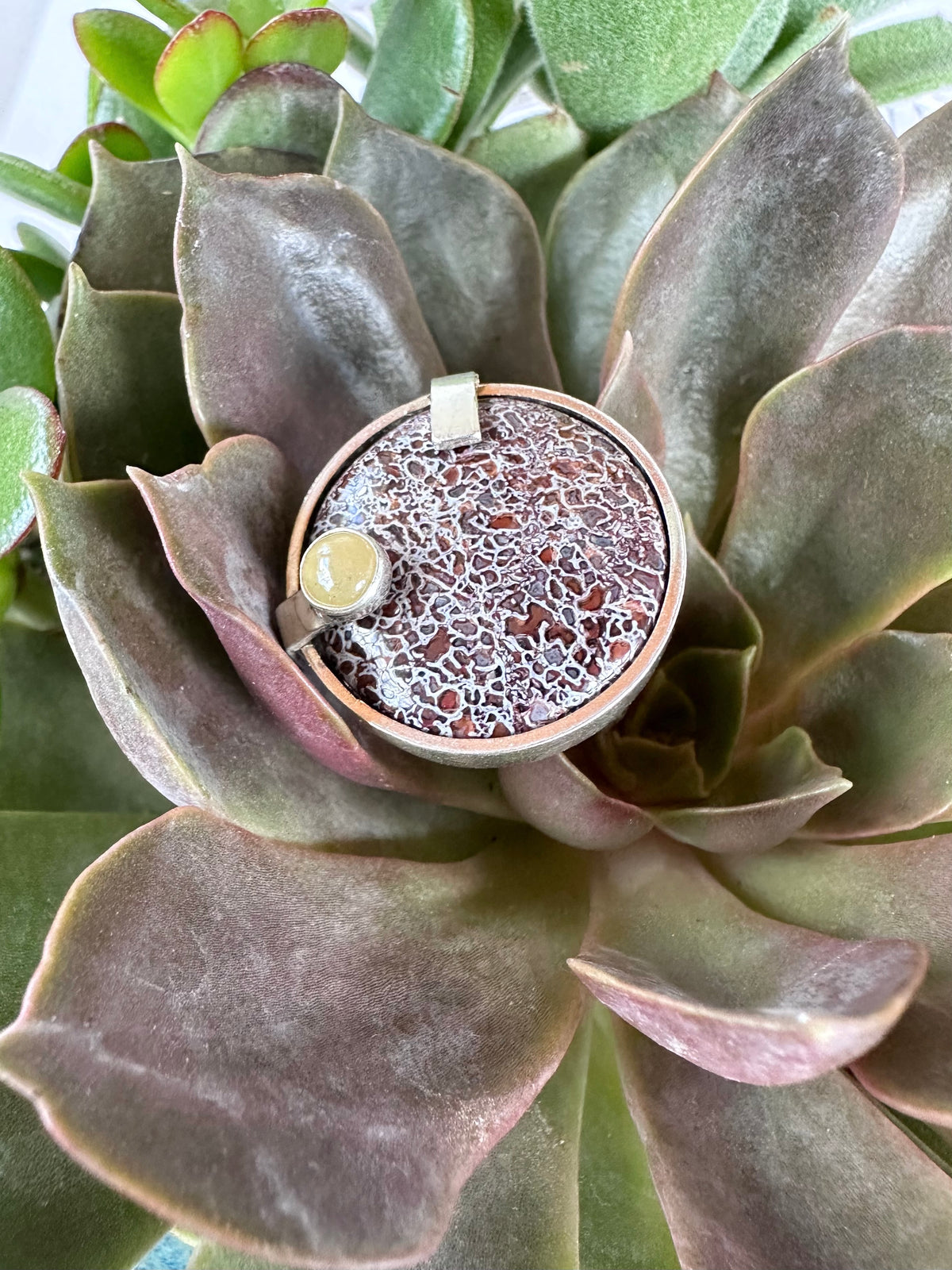 Echoes in Stone Ring: Dinosaur Gembone & Yellow Sapphire & Sterling Silver - size 9.25
