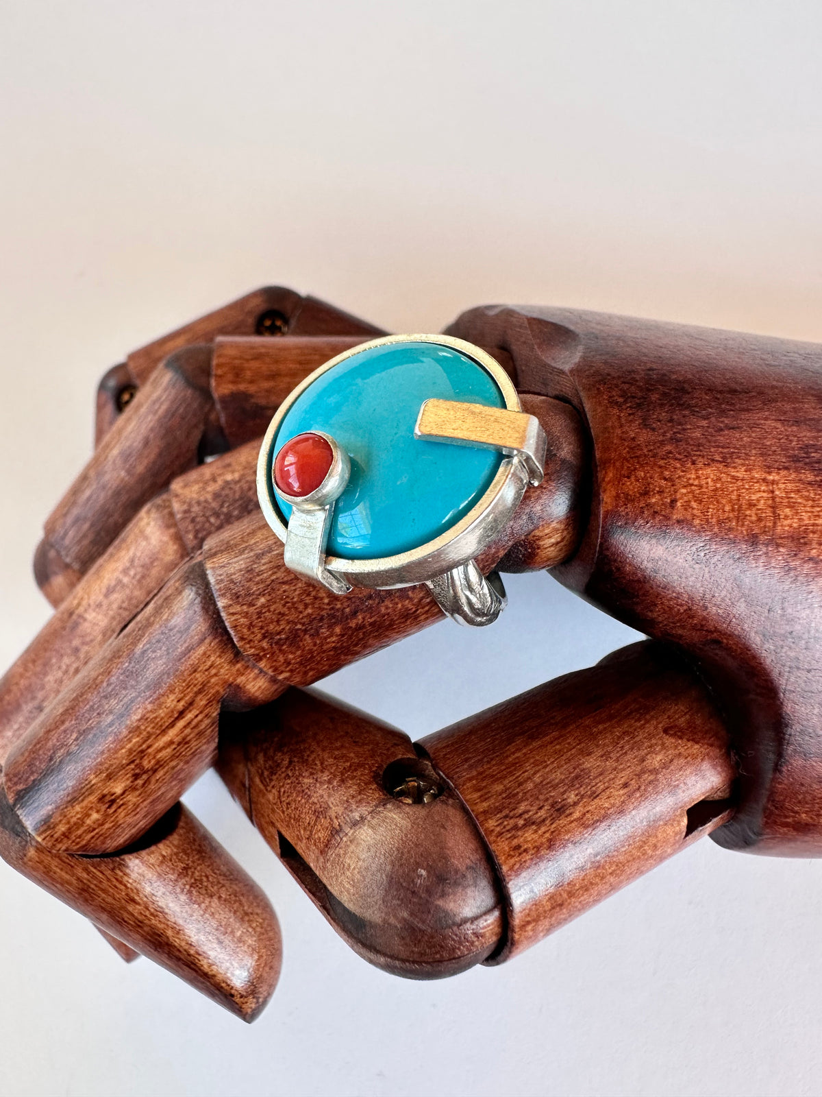 Sundown Ridge Ring: Turquoise and Vintage Italian Red Coal & Sterling Silver - size 6.75