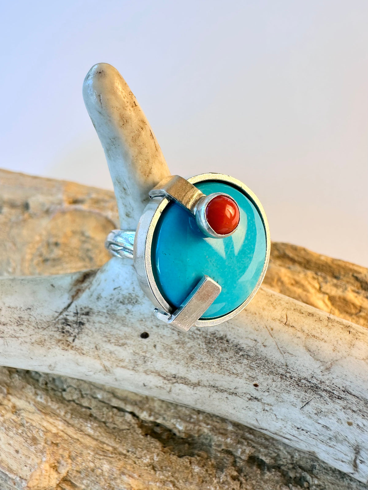 Sundown Ridge Ring: Turquoise and Vintage Italian Red Coal & Sterling Silver - size 6.75