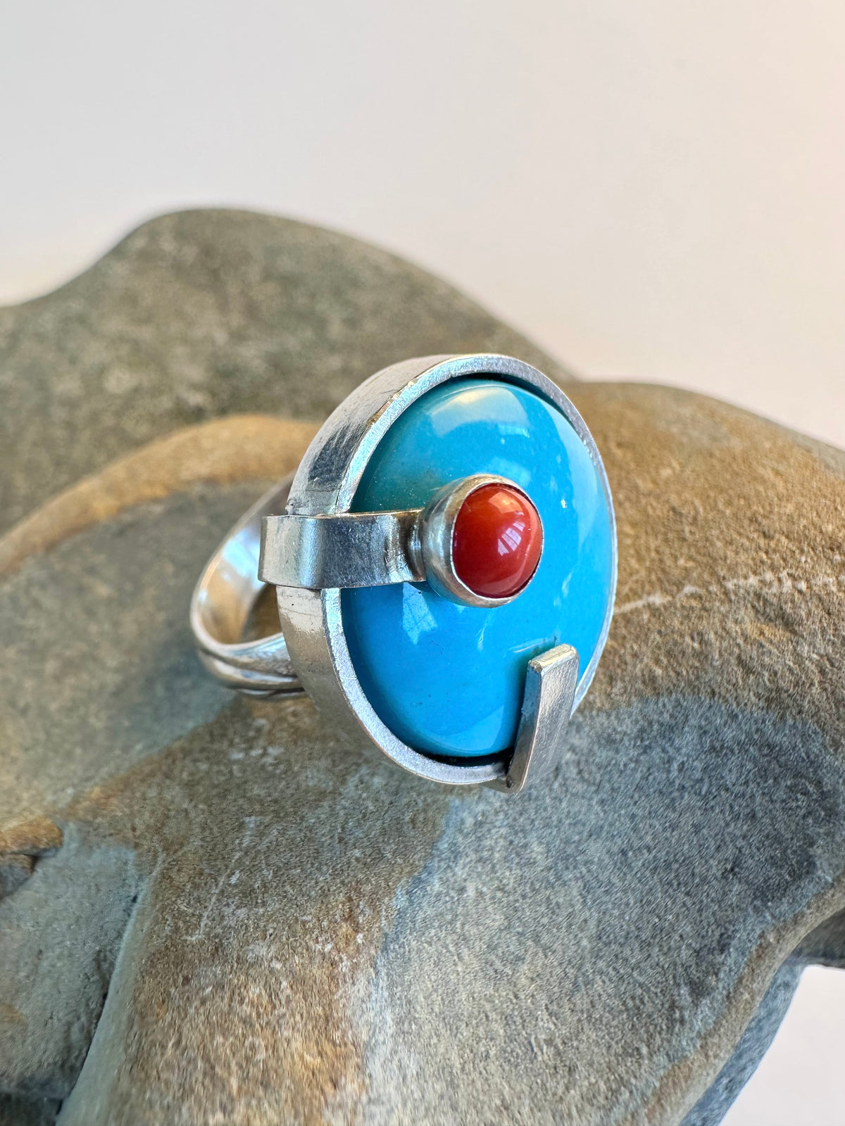 Sundown Ridge Ring: Turquoise and Vintage Italian Red Coal & Sterling Silver - size 6.75