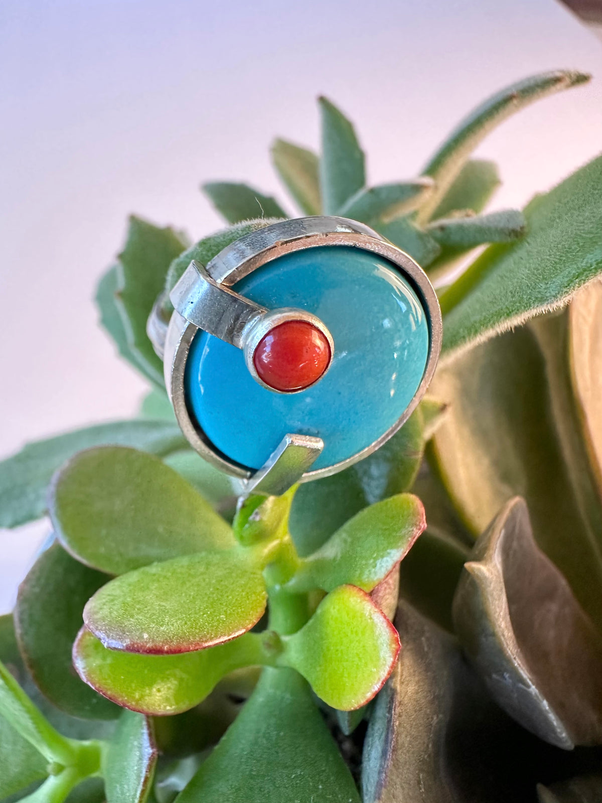 Sundown Ridge Ring: Turquoise and Vintage Italian Red Coal & Sterling Silver - size 6.75